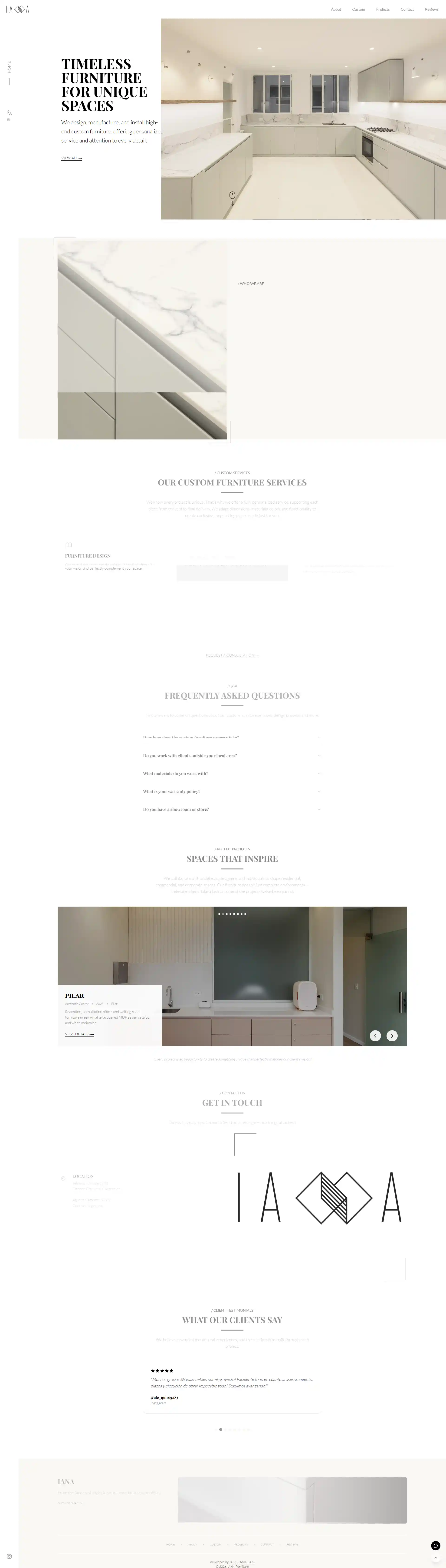 Screenshot of the IANA Muebles site: editorial hero with a custom kitchen, services and FAQ