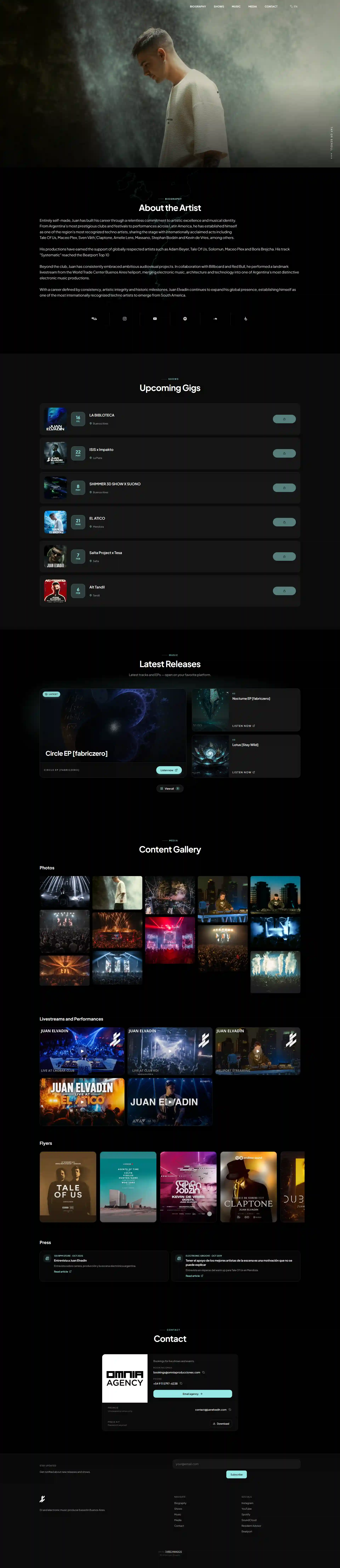 Screenshot of the Juan Elvadin site: hero with artist portrait, biography and upcoming gigs