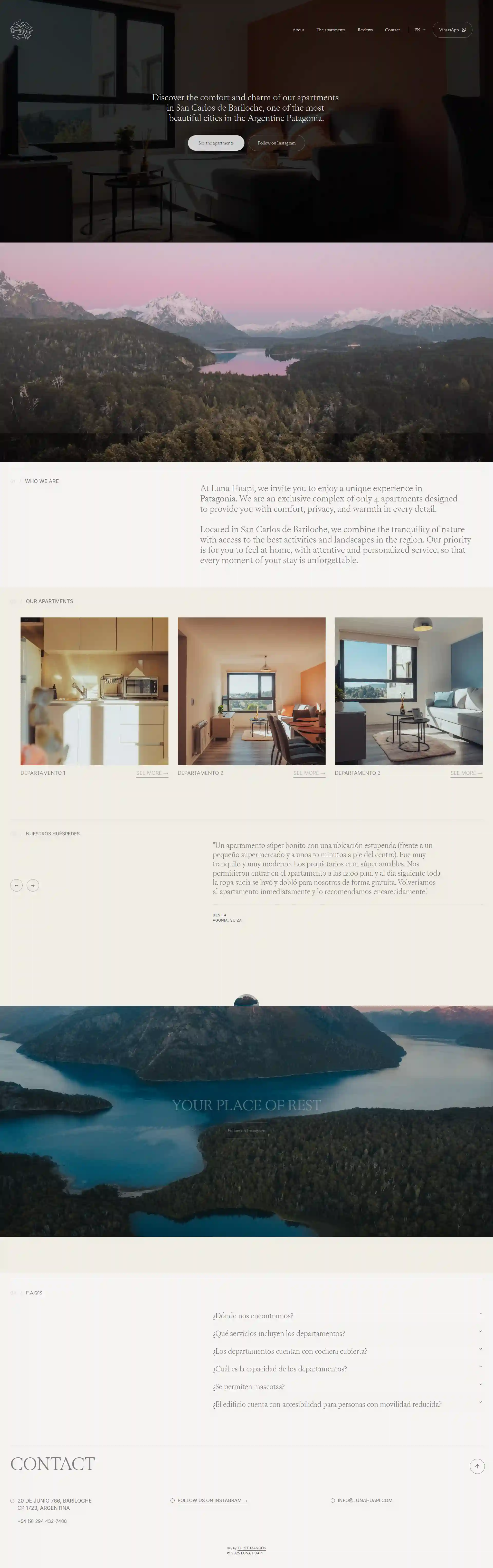 Screenshot of the Luna Huapi site: Bariloche landscape, apartments and guest testimonials
